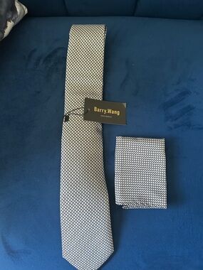Barry.Wang Men's Silver and White Geometric Tie with Pocket Square